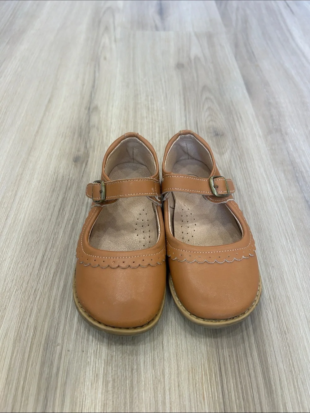 SweetHoney Toddler Cognac Tan Leather Scalloped Mary Jane Shoes Size 9